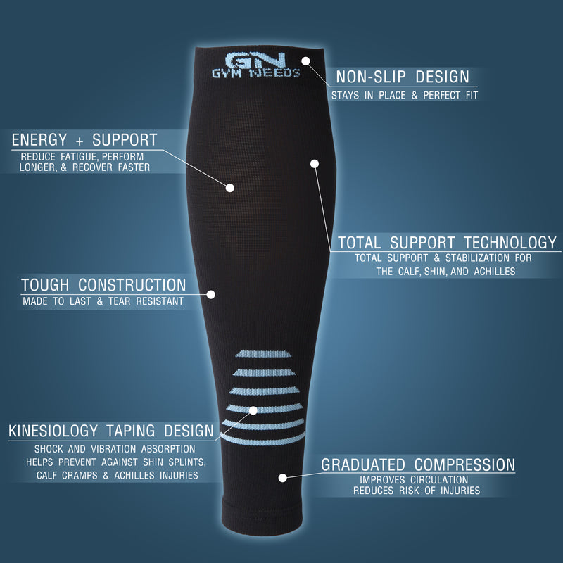Calf Compression Sleeve for Men & Women - Black & Blue Pair